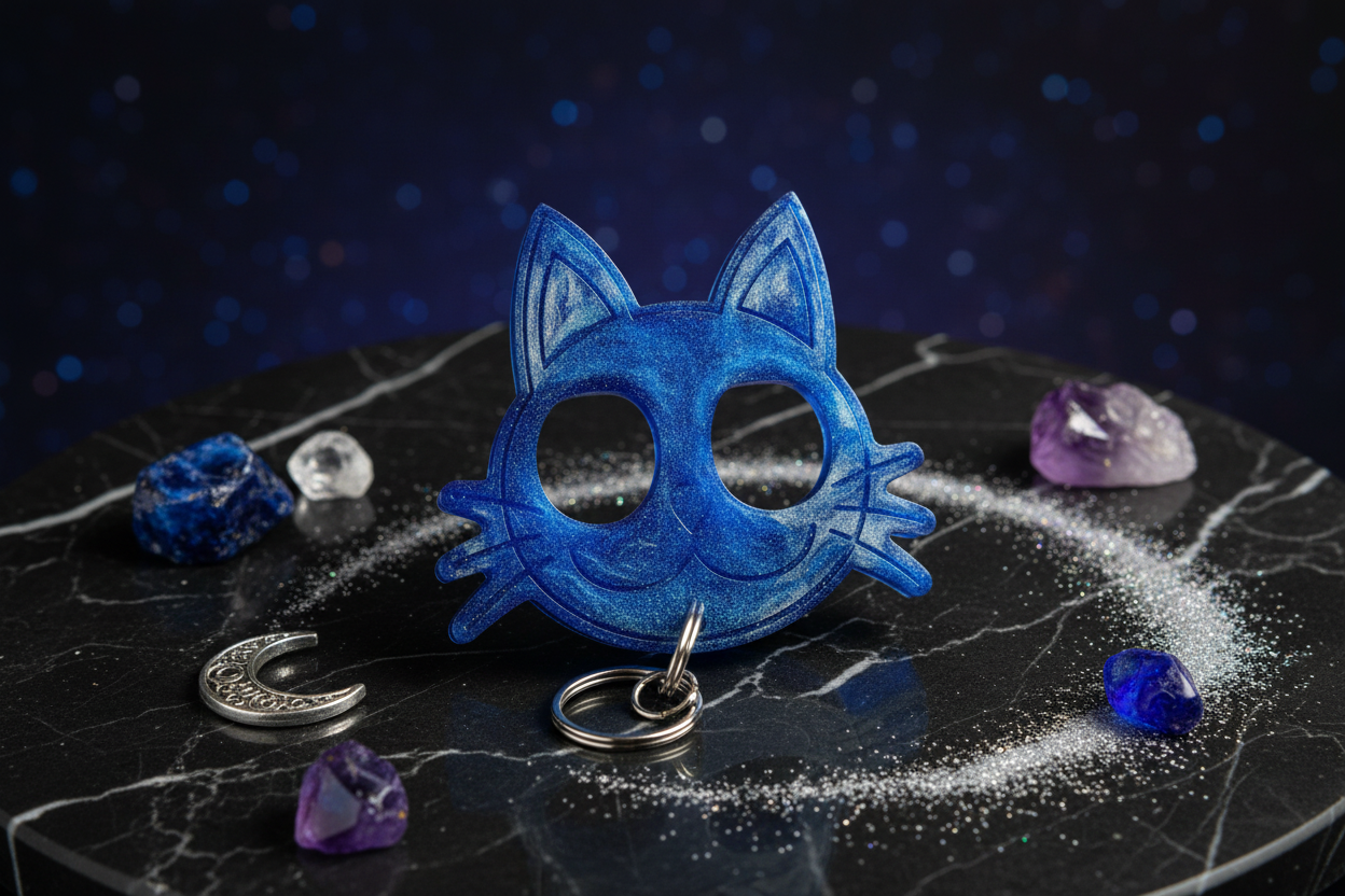 Blue galaxy cat keychain in elegant setting