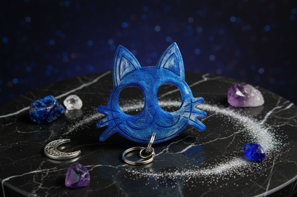 Blue galaxy cat keychain in elegant setting
