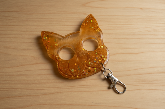 Golden amber cat keychain on wooden background