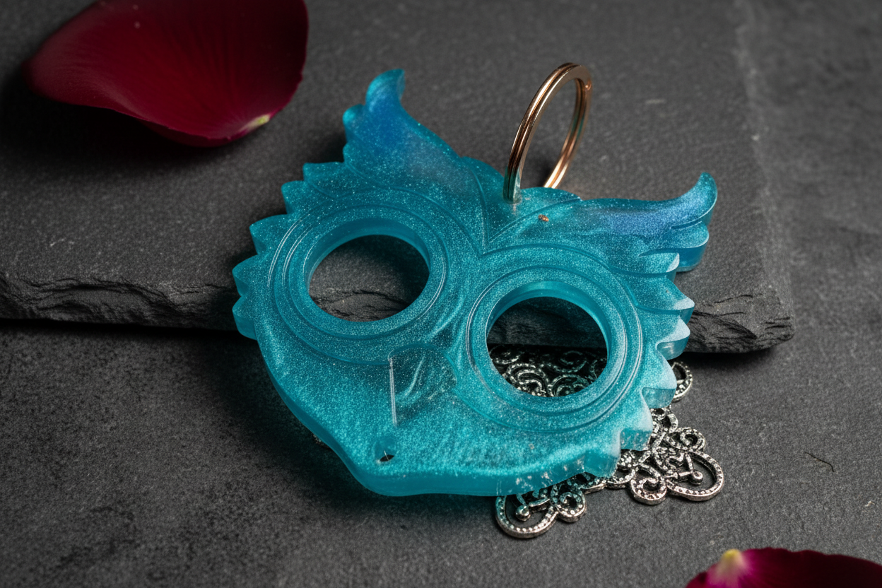 Turquoise owl keychain in subtle dark setting